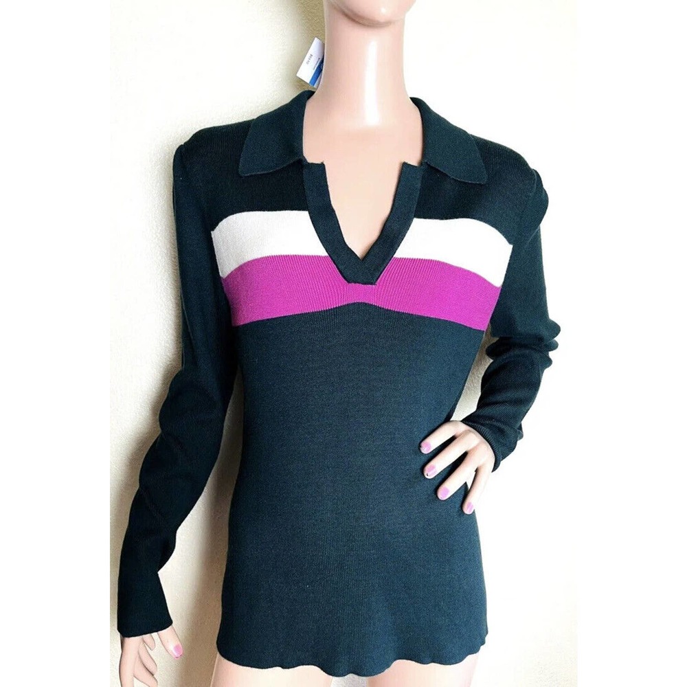 Anne Klein Sport Knit Top Size XL Pine Green V-neck Color Stripes Collar Sweater